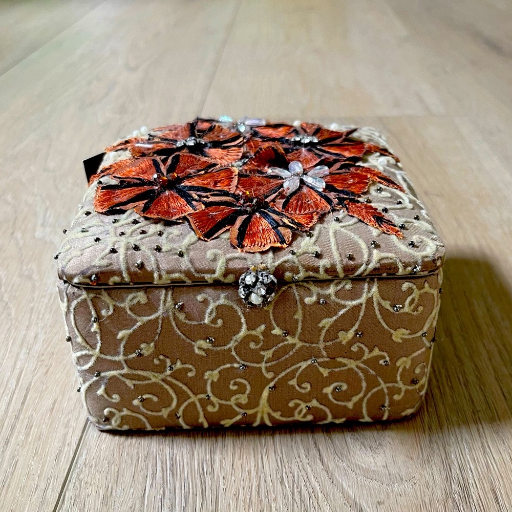Anthropologie taupe embroidered and beaded jewelry box.